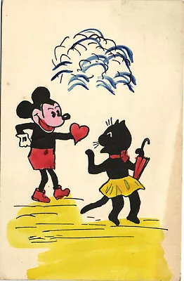 DISNEY PC MICKEY MOUSE ON THE BEACH WITH A CAT Vintage Postcard (b28601) • $12.78