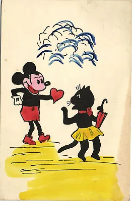 PC DISNEY MICKEY MOUSE ON THE BEACH WITH A CAT Vintage Postcard (b28601) • $14.99