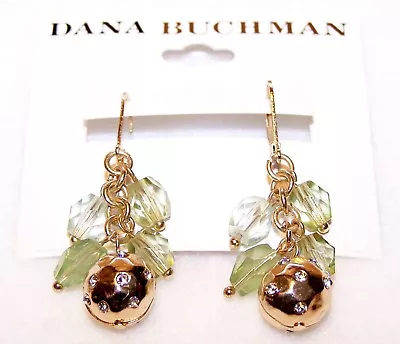 NEW Retail $20 DANA BUCHMAN Earrings DANGLE Green Beads GOLD BALL W/Rhinestones • $16.11