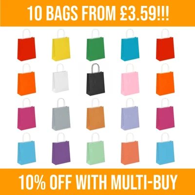 £4.84 • Buy 10 Coloured Paper Party Bags With Twisted Handles For Kids Birthday, Gifts, Food