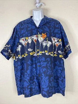 Kalaheo Men Size XL Blue Floral Button Up Shirt Short Sleeve Martini Glasses • $8.20