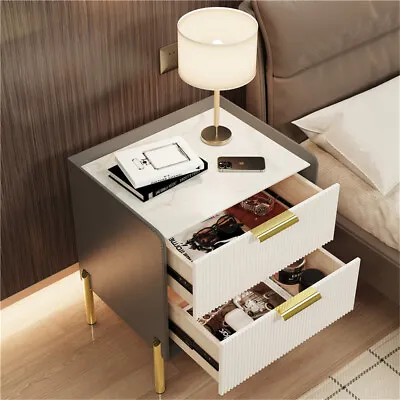 WISFOR Large Marble Top Nightstand Side Table Bedside Metal Legs With 2 Drawers • £95.90