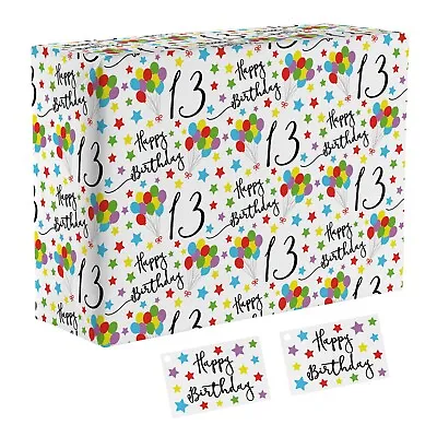 1 Sheet Of 13th Birthday Luxury Wrapping Paper And 2 Gift Tags - For Boys Girls • £4.50