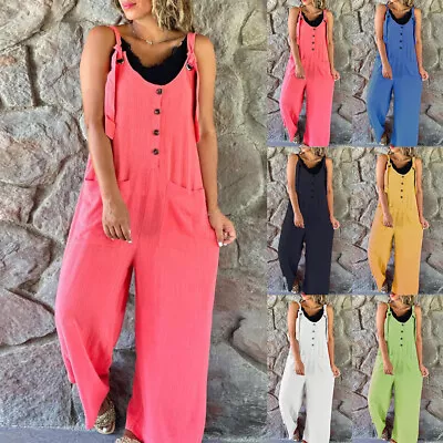 £4.29 • Buy Women Solid Harem Dungarees Overalls Casual Loose Cotton Linen Jumpsuit Trousers