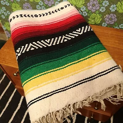 £26.99 • Buy Large Rainbow Mexican Woven Stripy Falsa Yoga Beach/Picnic Blanket / Throw