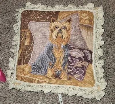 Needlepoint Pillow Dog Yorkshire Vintage Fancy Traditional Decor Square Hg13 • $65
