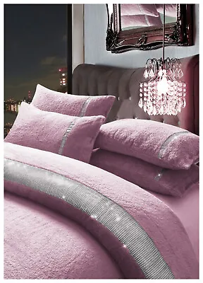 Blush Pink Double Diamante Sparkling Lace Teddy Fleece Duvet Cover Set • £16.99