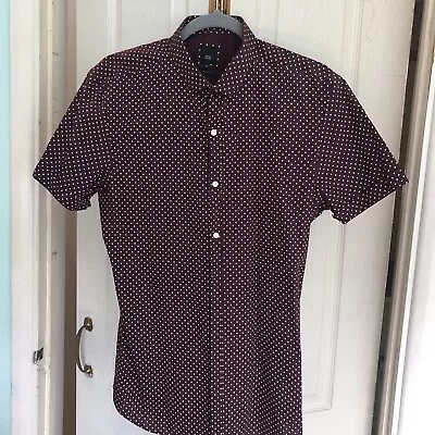 River Island Men’s Med Slim Fit Burgundy Polka Dot S/S Shirt • £1.50