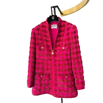 RARE CHANEL ARCHIVE Glitter Tweed Boucle 1991 Pink Houndstooth Blazer £10000+ • £4995