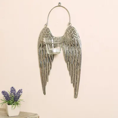 Wall Mounted Silver Angel Wings Candle Holder Tea Light Glass Votive Lantern • £17.99