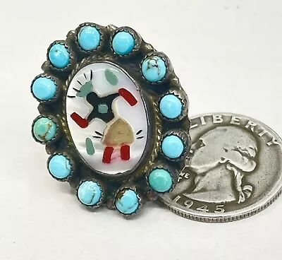 Sterling Silver MOP Turquoise 12 Stone KACHINA DANCER Ring Sz 4.25 26mm Old Pawn • $107