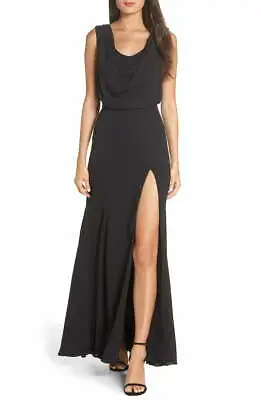 FAME & PARTNERS Black Cowl Drape Neck Lopez Blouson Thigh High Slit Gown 2US XS • $74.25