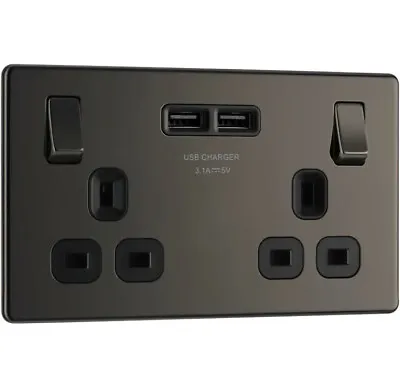 £15.95 • Buy BG Screwless Flat Plate Black Nickel 13A SP USB Switch Socket 2 Gang