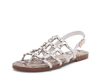 Vince Camuto Richintie Crisp White Leather Embellished Caged Strappy Flat Sandal • $29.95