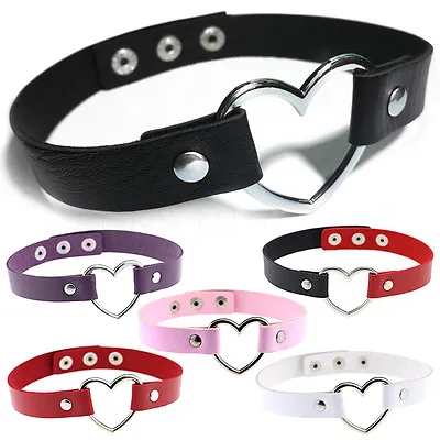 Leather Heart Choker Collar Punk Goth Adjustable Rivet Necklace Love O-Ring • $6.98