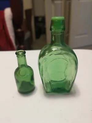 Lot Of 2 Green Glass Bottles Salt Shaker Horseshoe Wheaton Wine Bottle Vintage • $5.99