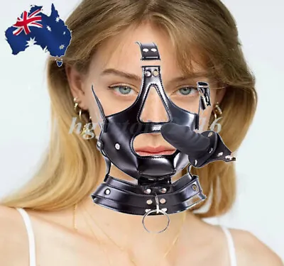 PU Leather Head Hood Harness Mask Detachable Open Mouth Gag Penis Plug Gimp BDSM • $25.99