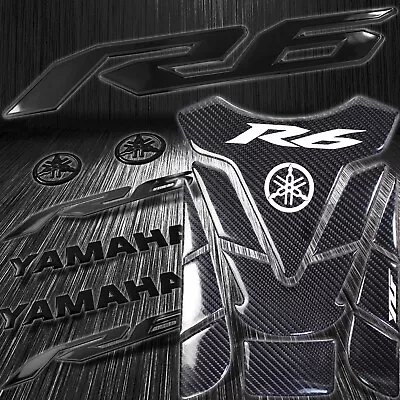 Real Carbon Fiber Tank Pad+6  3D Logo+2-Tone Glossy Black YZF-R6/R6S Sticker Kit • $39.77