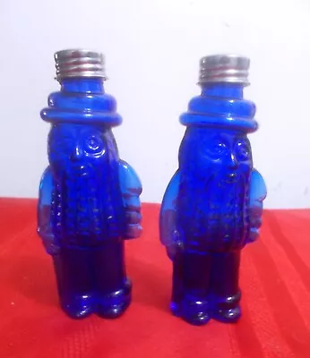 Planters Mr Peanut Cobalt Blue Glass Salt & Pepper Shakers 5  3/4  • $14.99