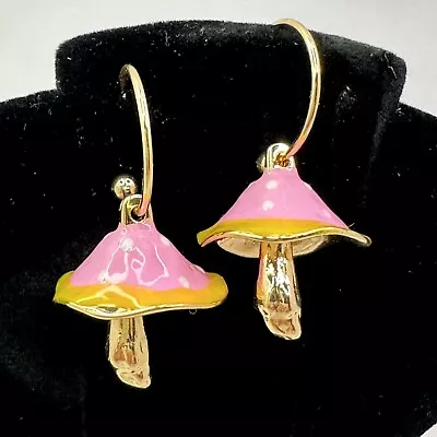 Mushroom Pink Yellow White Enamel Gold Tone Post Hoop Dangle Earrings NEW Fairy • $18