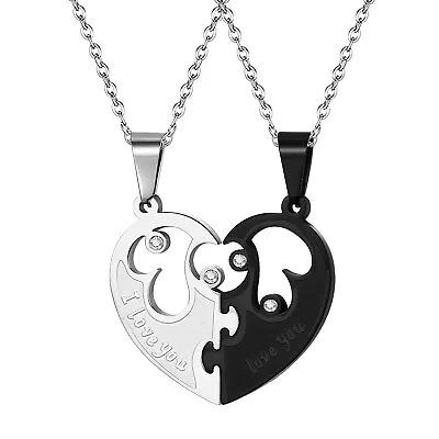 2pcs I Love You His And Hers Matching Couple CZ Heart Puzzle Lover Necklace Gift • $12.08