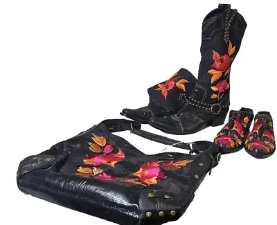 J Renee Black Denim Floral Embroidered Purse Boots Stampede Dakota 9.5 Read • $65