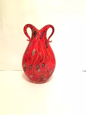 Murano Millefiori Pulled Feather 12” Large Vase Double Handle Red Art Glass • $42.50