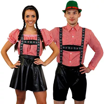 £36.99 • Buy Adults Bavarian Couple Costumes Red & Black Lederhosen Oktoberfest Fancy Dress