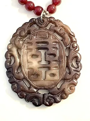 Vintage 14” Necklace Carnelian Beads Asian Medallion Gold Swarovski Crystals • $17.99