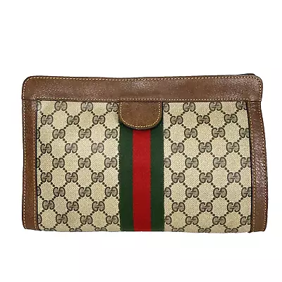 MINT Vintage Gucci Sherry Line Clutch Bag Purse PVC Leather Brown Second Bag • $169