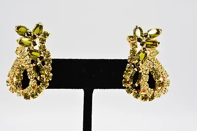Vintage Crystal Clip Earrings Green Yellow Marquise Rhinestone Gold 1980s BinAI • $64.95