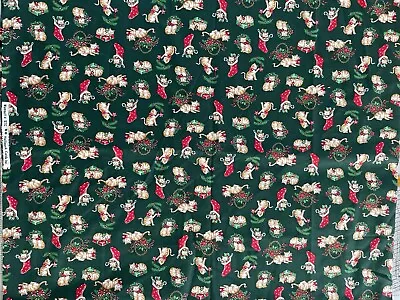 VTG Wamsutta Hallmark Christmas Kittens Fabric Quilt Green Cotton 1/2 Yd X 44” • $4.25