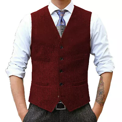 Mens Tweed Vests Vintage Wool Blend Herringbone Groomsman Waistcoat Large XL XXL • $25.16