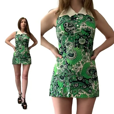 XS S Vtg 60s Mod Green Psychedelic PAISLEY Racerback Twiggy Go Go Mini Dress • $85