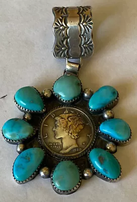 Signed Taos Pueblo Sterling Silver Turquoise 1940 Mercury Dime Pendant • $350