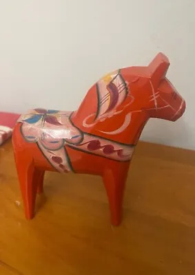 Vintage Wooden Swedish Red Dala Horse Hand-Painted 4.5  Tall Original Label • $20