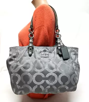 Coach Mia Op Art Lurex Gray Silver Sateen Tote Handbag F15746 • $24.99