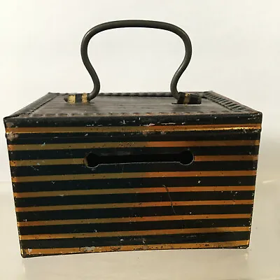 Vintage Striped Tin Cash Box Coin Bank Toy With Handle No Key Germany Black Gold • $14.21