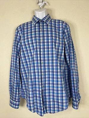 Van Heusen Flex Men Size L Blue Check Button Up Shirt Long Sleeve Slim Fit • $5.95