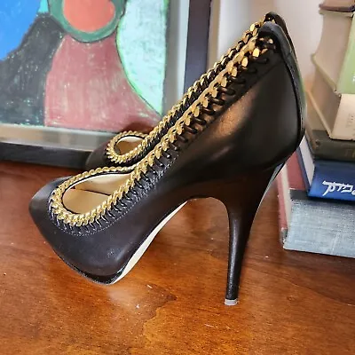 Giuseppe Zanotti Black Leather Gold Chain Peep Toe Heels Pumps IT 37.5 US 7 $900 • $120