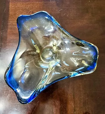 Vintage Mid Century Modern Amber With Blue Sleek Murano Art Glass Bowl Gorgeous! • $79