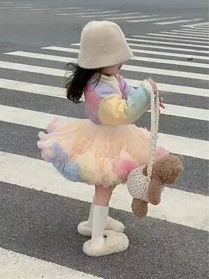 UK Kids Girl Rainbow Knitted Cardigan Tutu Skirt Super Fluffy Ballet Dance Party • £4.99