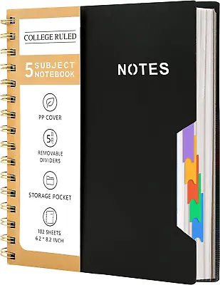 5 Subject Notebook College Ruled 6'' X 8'' Hardcover Spiral Lined Notebook With  • $22.74