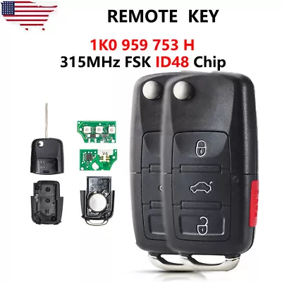$24.58 • Buy 2 For VW Volkswagen CC Jetta Golf GIT Eos 2006-2011 Remote Key Fob 1K0 959 753 H