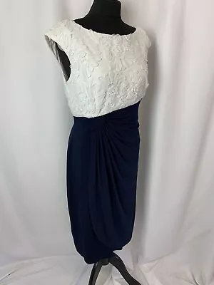 Lace Bodice Bodycon Dress Navy Blue White Floral Occasion Evening Party 12 C931 • £4.74