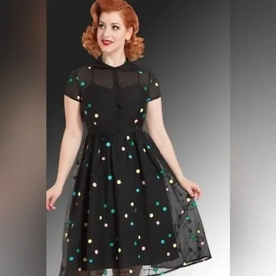 Voodoo Vixen Women's Sallie Dress 50s Black Polka Dot Collared Sheer Size XS • $40