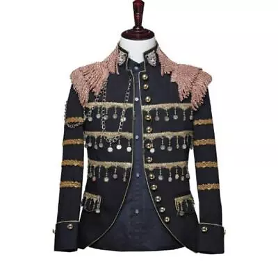 Mens Handsome Nightclub Tassel Coats Slim Fit Military Jacket Stage Show Singer  • $94.99