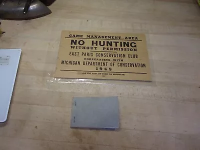 Vtg.1945 NO HUNTING Without Permission SIGN Game Managment Michigan + PERM. BOOK • $1.99