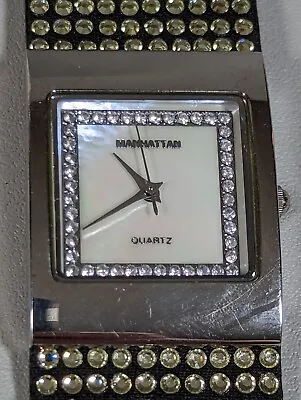 Manhattan Pearlized Dial Crystal Accent Square Case Shimmery Wide Band Watch • $17.49