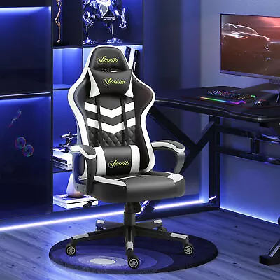 Racing Gaming Chair W/ Lumbar Support Headrest Gamer Office Chair Black White • £89.99
